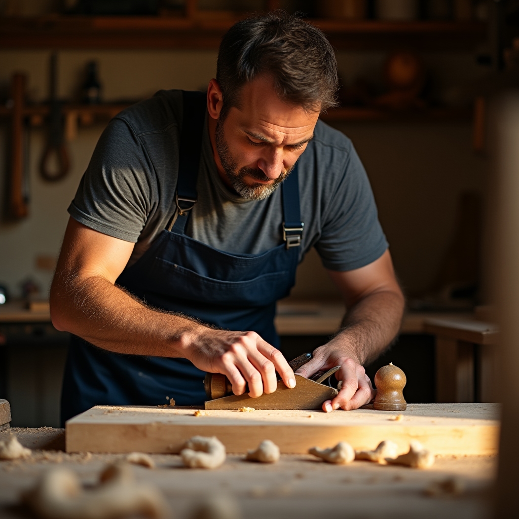 Cursant adult lucrând cu lemn în atelier