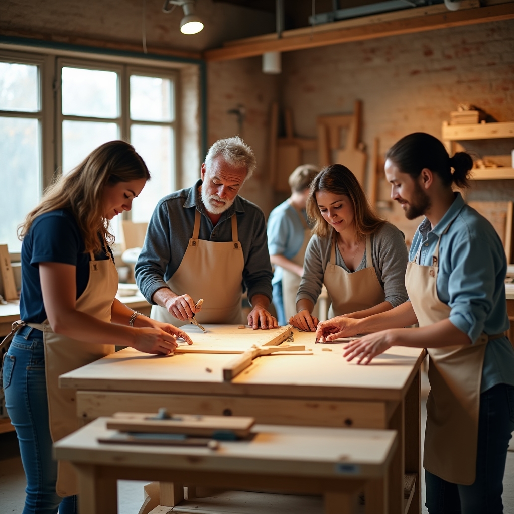 Grup de cursanți adulți lucrând simultan în atelier